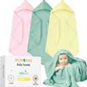 Muslin Hooded Baby Bath Towel Set 3 Pack, Muslin Cotton Baby Towels with Hood for Newborn, Baby Beach Towels for Boy, Girl, Babies, Infant, Toddler and Kids (35 X 35 Inch)(Light Green + Pink + Yellow)