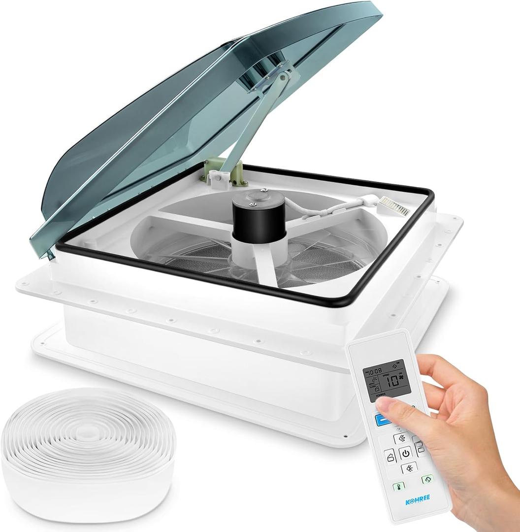 Kohree 14" RV Vent Fan 10 Speed Reversible: 12V Super Quiet RV Roof Vent Fan for Camper Trailer Bathroom, RV Exhaust Fan with Remote Control, Temperature & Rain Sensor, Removable Screen, Green