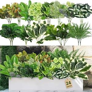 Alupssuc 24 Bundles Artificial Plants Outdoor, UV Resistant Fake Ferns Greenery Stems Shrubs Faux Bushes Leaves Plastic for Indoor Outside Porch Garden Patio Window Office Entrance Bathroom Decor
