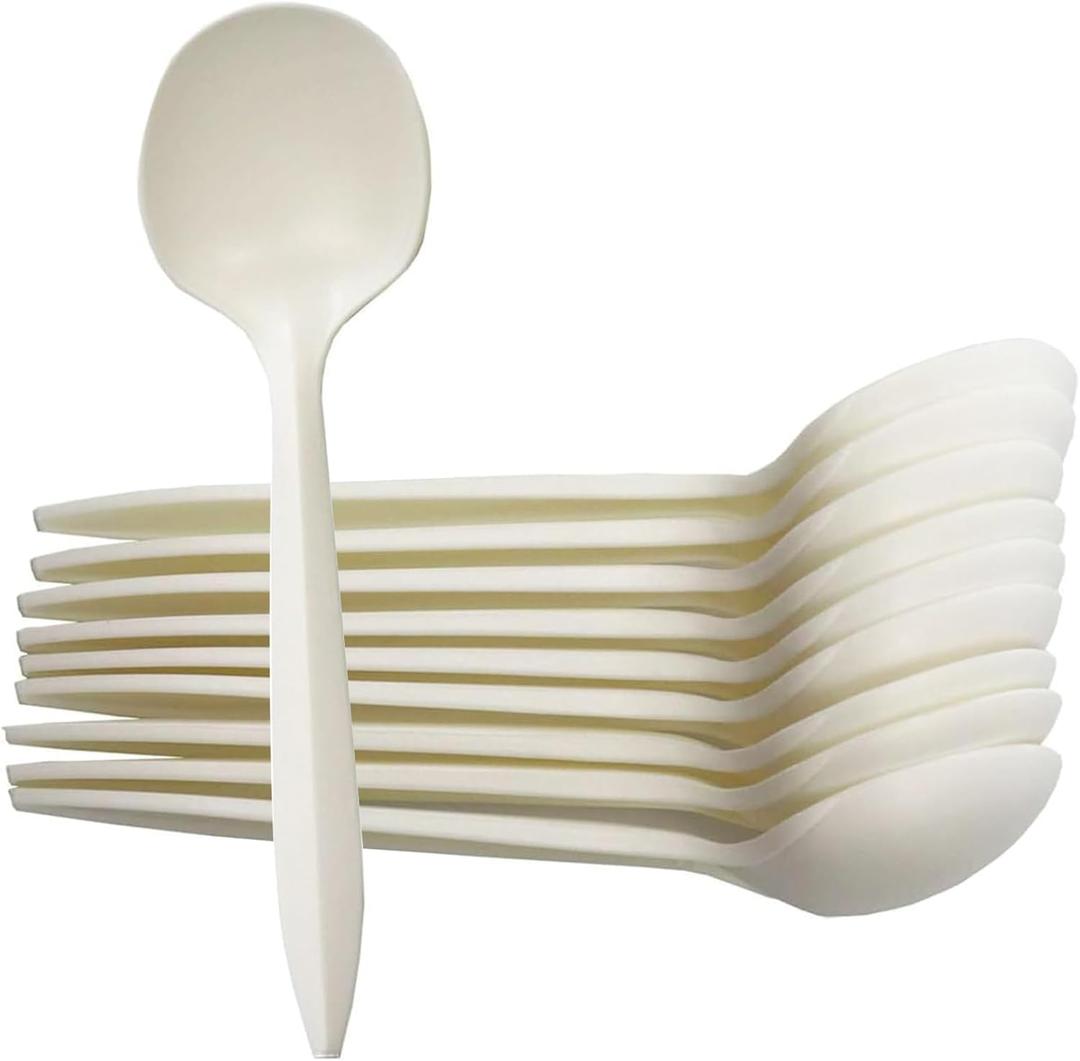 T Legend Eco-Friendly 100 Pack Cornstarch Soup Spoons, Ivory Large Capacity 5.3" Disposable Spoons for Hot Soup Milk Shake Salad etc.