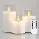 5plots Flameless Battery Operated Candles Set of 3, White LED Candles with Remote Timer, Real Wax Glass Pillar Candles Warm Flickering Light for Indoor Home, Halloween, Christmas Decor D3 x H4 5" 6"