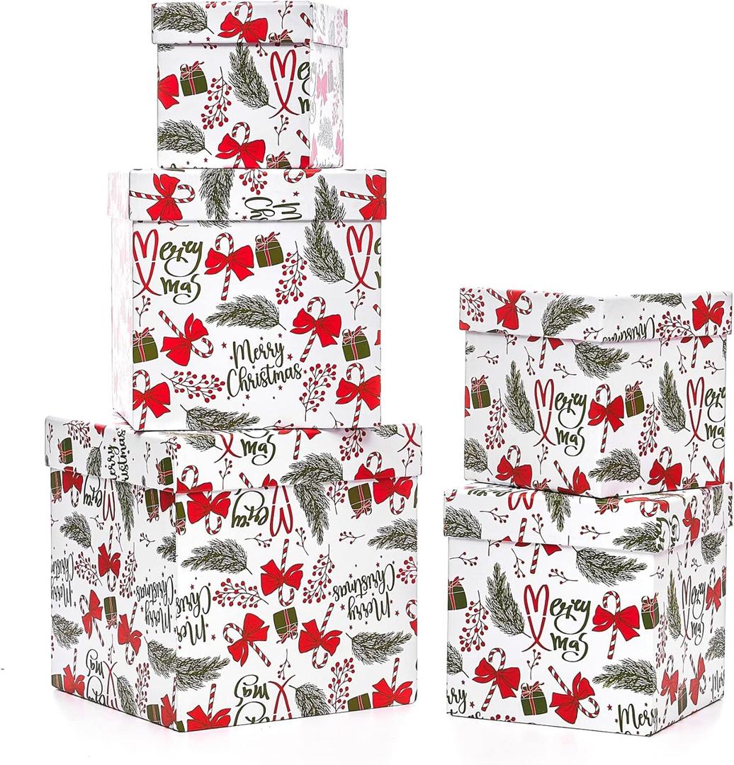 UNIQOOO 5PCS Christmas Nesting Gift Boxes with Lid, Nested Box Set, 5 Sizes, Square Stackable, Red White Green, Xmas Berry Candy Cane Paper Box Tower Dcor, Holiday Thanksgiving New Year Packaging