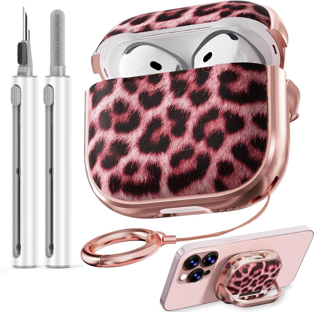 Inesore with Safety Lock for AirPods 4 Case Cover 2024,Floral Cute AirPod 4th Generation Case for Women Girly with Cleaner Kit and Keychain- Pink Leopard
