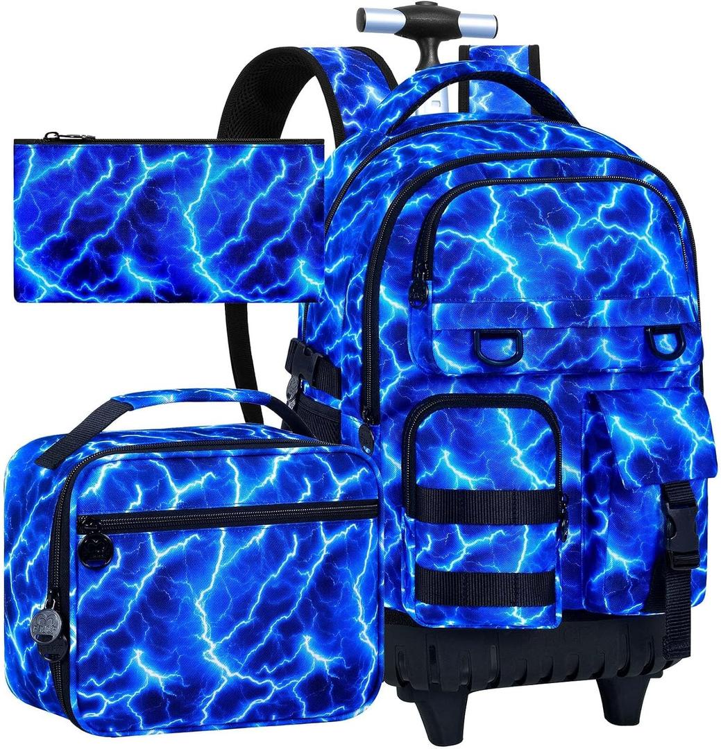 Rolling Backpack with Wheels for Boys and Kids, Blue Wheeled Bookbag 3PCS, One Size