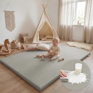Huloo Sleep Baby Play Mat 74x50 Inches, 1.3" Thick Padded Waterproof Floor Cushion & Playpen Mat with Vegan Leather, Non-Slip & Non-Toxic Nursery Rug for Infants, Toddlers & Kids(Grey)