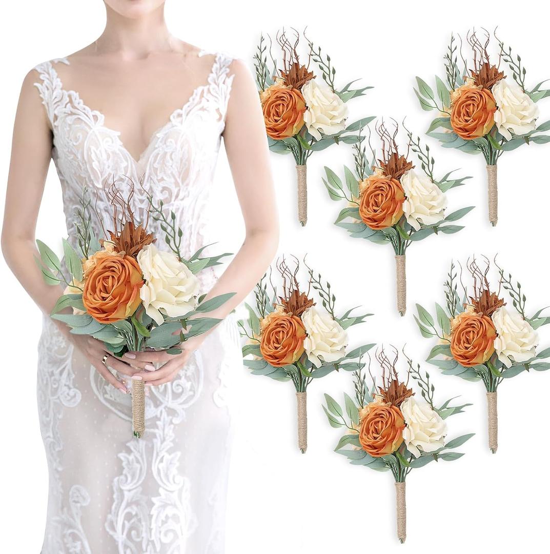 Bridesmaid Bouquets for Wedding - Set of 6 Artificial Flowers Bouquet for Fall Wedding Decoration Marriage Proposal Party Ceremony Anniversary Dining Table Centerpieces - Burnt Orange