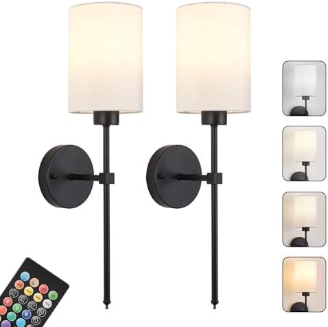 Battery Operated Wall Sconces Set of Two,Wireless Rechargeable Wall Light With Remote Control, Dimmable, Amber Light/Warm White/Natural White/Daylight/RGB, Timer,for Living Room,Bedroom,Entryway,Black