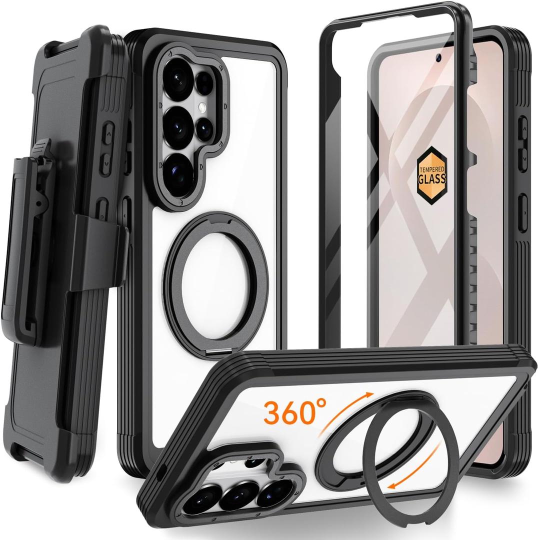 Magnetic for Samsung Galaxy S26 Ultra Case, Compatible with MagSafe, Full Body Rugged Case with Built-in Screen Protector & Kickstand & Belt-Clip (Black)