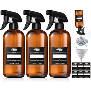 Veco 10oz Spray Bottle with Adjustable Nozzle, 360 Water Spray Bottles for Cleaning Solution, Plastic Spray Bottles for Hair Cooking Plant Pet, No Leak and Clog (3 Pack & Foldable Funnel), Brown