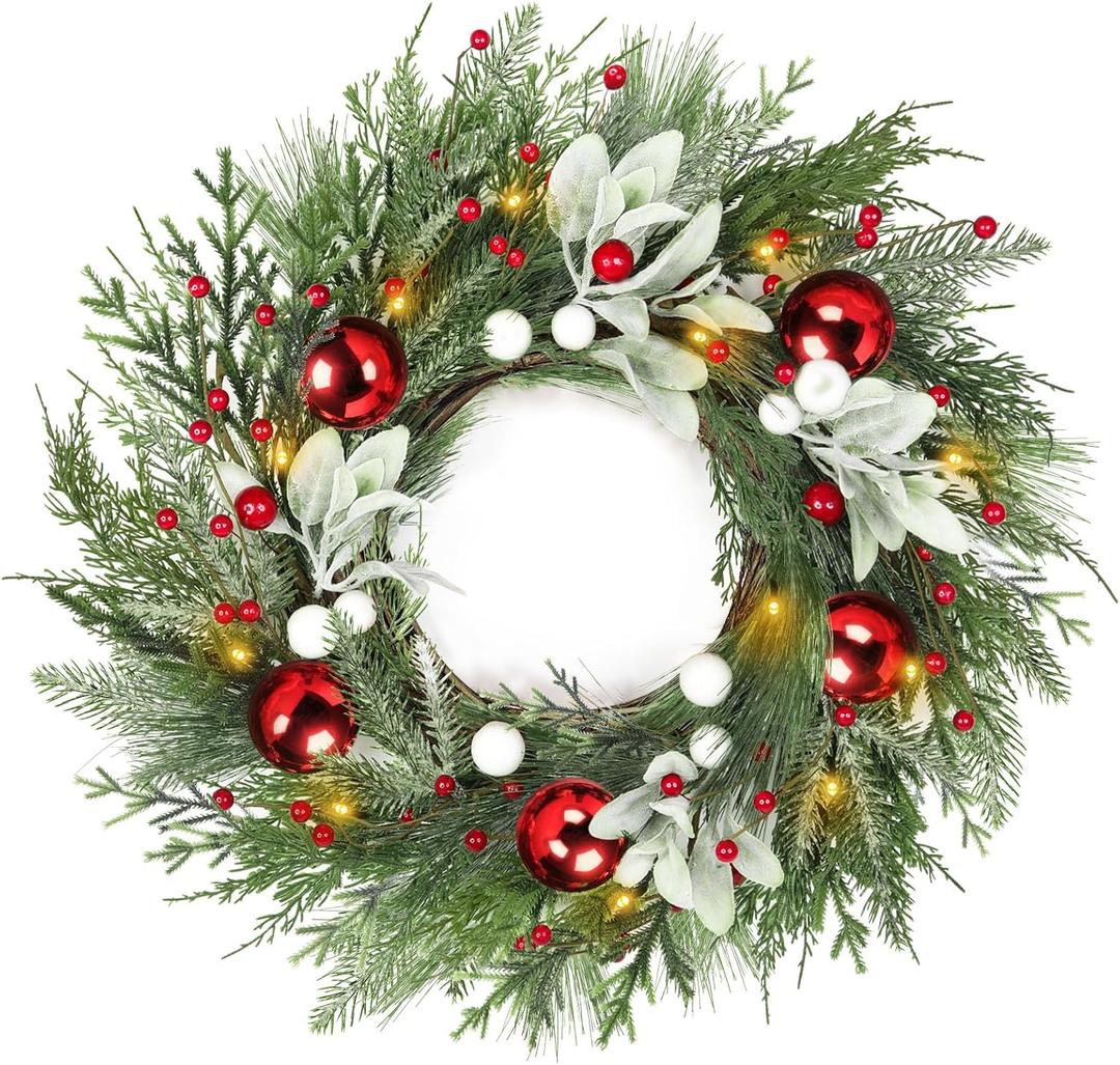 Timer - 20 Inch Real Touch Christmas Wreaths for Front Door, Lighted Christmas Wreath with 30 Lights Norfolk Pine Aspen Fir Needles & Cypress Leaves Balls Berries Xmas Wreath for Home Outdoor Indoor