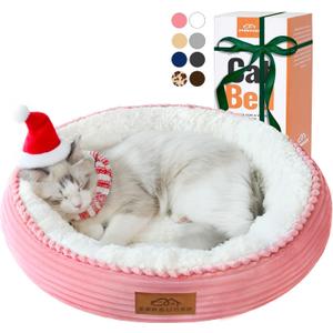 20in Washable Cat Beds for Indoor Cats - Round Donut Pet Bed for Cats, Small Dogs, Puppy, Kitten - Anti-Slip Bottom, Calming Bed Gift - Pink