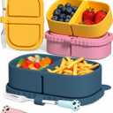 3 Pack Reusable Silicone Snack Containers, 8 oz Double Compartment Portable Snack Box with 3 Forks, Small Leakproof Food Storage Containers with Lids for Salad Dressing Sauce