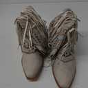 LISHAN Women's Western Cowboy Cowgirl Boots Fringed Tassel Block Heels Embroidered Calf High Boots (13, Beige)
