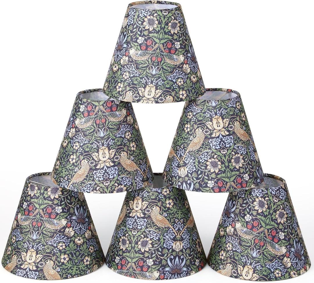 VIHOSE Set of 6 Clip-on Mini Chandelier Lamp Shades, William Morris Style Vintage Botanical Chandelier Shade for Candelabra Bulb, 2.95" x 5.91" x 5.12", Classic Decorative Lampshade