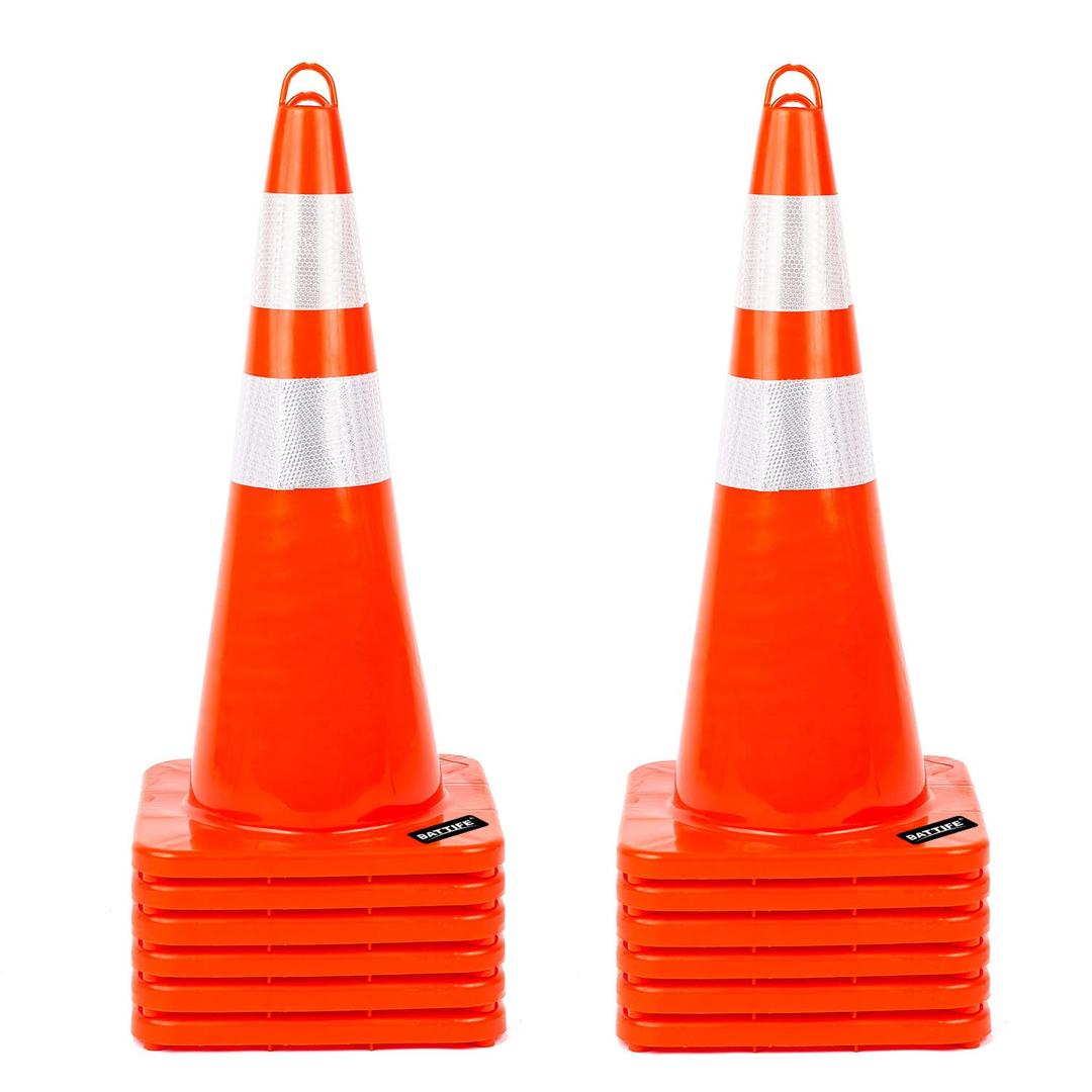 BATTIFE 12 Pack Traffic Safety Cones 28 Inches with Reflective Collars, PVC Orange Construction Cone for Traffic Control, Driveway Road Parking