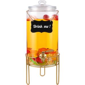 Drink Dispensers for Parties 1 Gallon, Bevarage Dispenser with Stand,Glass Drink Dispenser With Stainless Steel Spigot + Marker & Chalkboard, Ideal for Lemonade, Juice, Tea, and Party Drinks