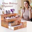 Makeup Organizer Golden- Tempered Glass Vanity Organizer for Cosmetics, Skincare, Hair Tools, Brushes, Perfume - Multipurpose Bathroom Counter Skincare Organizer, 
Product Dimensions : 11"D x 7.87"Wx 7.87"H