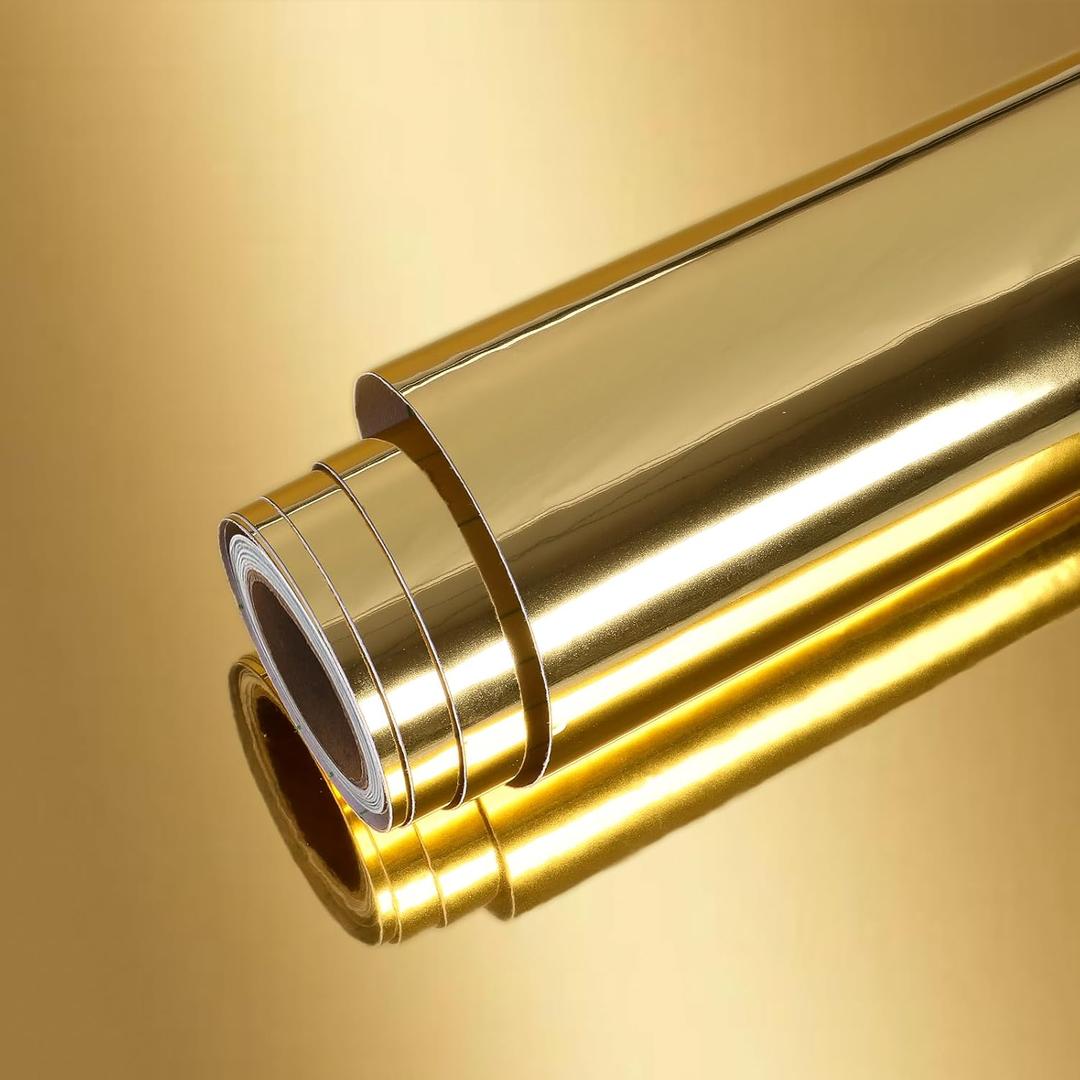 VEELIKE Glossy Metallic Gold Vinyl Roll Adhesive Reflective Non Glass Mirror Vinyl Sheet Peel and Stick Gold Wallpaper 15.7''x118'' Golden Chrome Wrap for Walls Cabinets Shelves Table Crafts