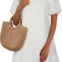Womens Boho Summer Dresses V Neck Short Sleeve Casual Beach Vacation Dress Women Hem Floral Eyelet with Pocket (L)