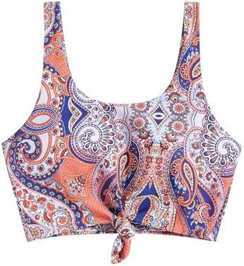 ZAFUL Women's Front Knot Bikini Tops Crop Tankini Top Scoop Neck Padded Bathing Suit Tops XL