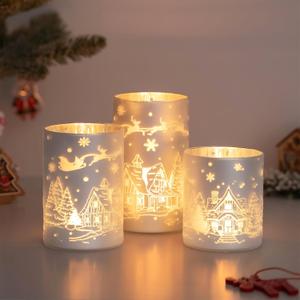 Hewory Christmas Candle Holders Centerpiece: Silver Snow House Deer Christmas Decorations Hurricane Glass Pillar Candle Holders Set of 3 Decorative Candle Stands for Mantle Fireplace Dining Room