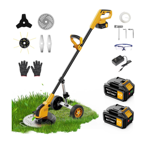 12-inch Electric Weed Wacker Cordless on Wheels, 21V 2 * 3000mAh Weed Eater Battery Powered,Cordless String Trimmer with Brushless Motor,Grass Trimmer and Brush Cutter with 4 Types of Blades for Lawn