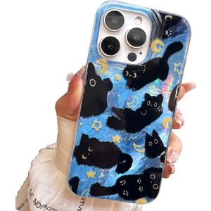 Compact Case for iPhone 15 Pro Max Black Cat Design, Cute Trendy Soft Slim TPU Shockproof Protective Bumper Phone Cases Cover for Women Girls Aesthetic Glitter Shiny Adorable