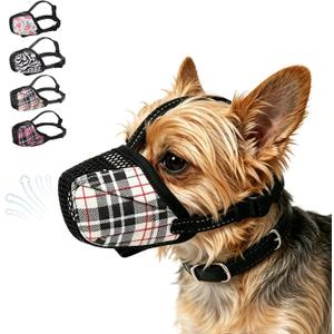 KOOLTAIL Dog Muzzle, Soft Muzzle for Small Medium Large Sized Dogs to Anti & Prevent Barking Grooming Biting, Reflective Adjustable Air Mesh Basket Muzzles, Allows Panting and Drinking, Beige Plaid S