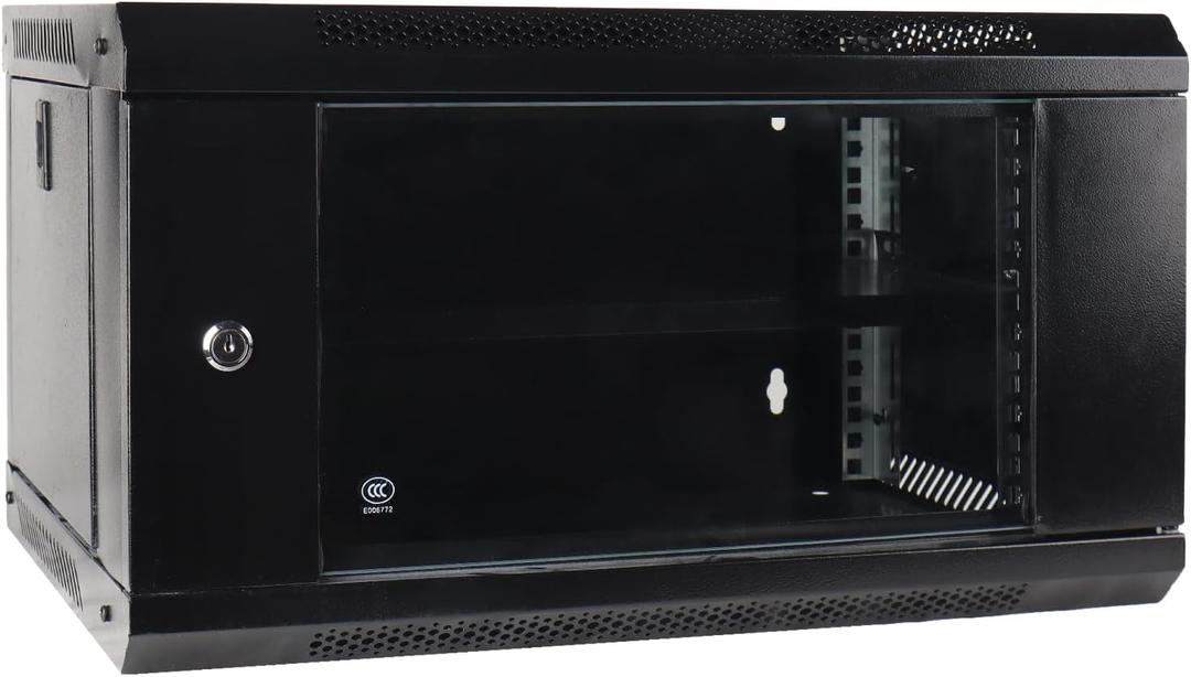 6U Wall Mount Network Server Cabinet with Glass Door, Locks, Removable Side Panels, for IT Equipment, A/V Devices, Black