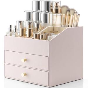 Vlando Makeup Organizer,Skincare Organizer for Vanity，PU Leather Make up Organizer with Drawers Cosmetic Display Case for Countertop,Perfume,Gifts Ideas for Women (Apricot White)