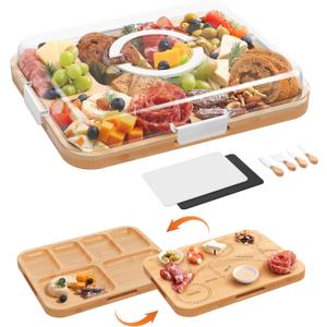 Charcuterie Board with Lid, 2-in-1 Bamboo Cheese & Cutting Board for Entertaining with Engraved Guide, Covered Snack Serving Tray, Includes 2 Plastic Cutting Mats & 4 Cheese Knives, Gifts for Women