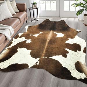 Easycozy Faux Cowhide Cow Print Rug: 4.6 x 5.2 Western Decor Faux Cowhide, Thickened Cow Print for Bedroom, Living Room, Home Office Decor (Floral Brown)