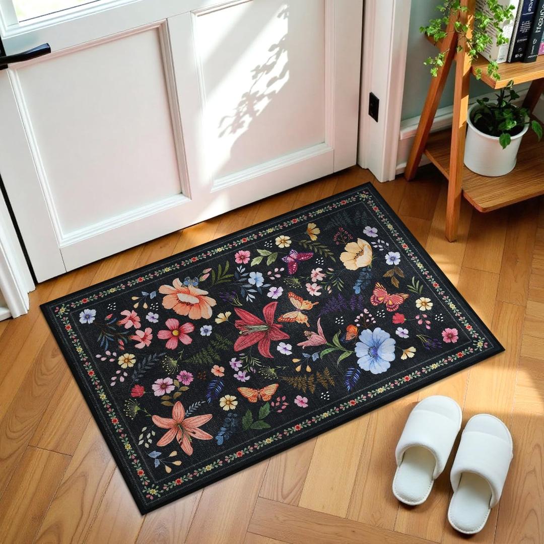 Boho Floral Small Area Rug 2x3, Machine Washable Indoor Entrance Door Mat, Non-Slip Low Pile Throw Rugs for Kitchen, Bathroom, Entryway, Front Door Indoor Entry, Black Thin Carpet (Black,multi-color)