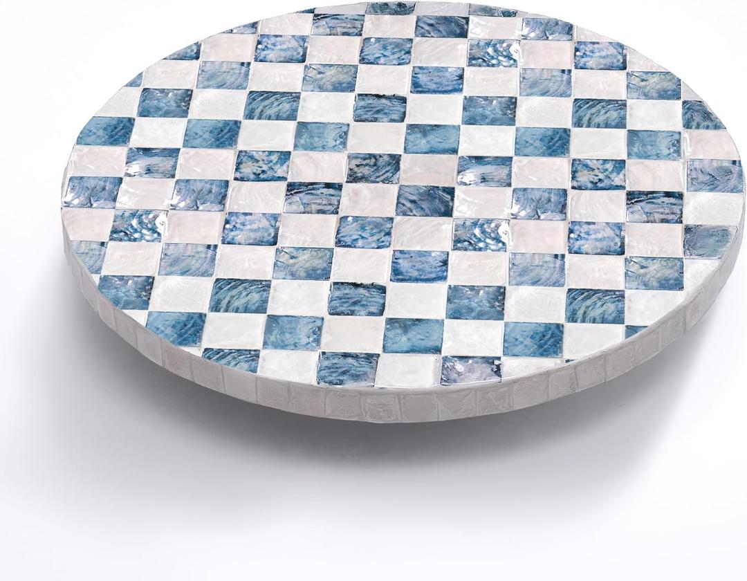 CHI AN HOME 12" Checkered Lazy Susan for Tabletop, Handcrafted Mother of Pearl Turntable Organizer for Kitchen Counter, Coffee Table, Bathroom, Dining or Organizing (Navy Blue)