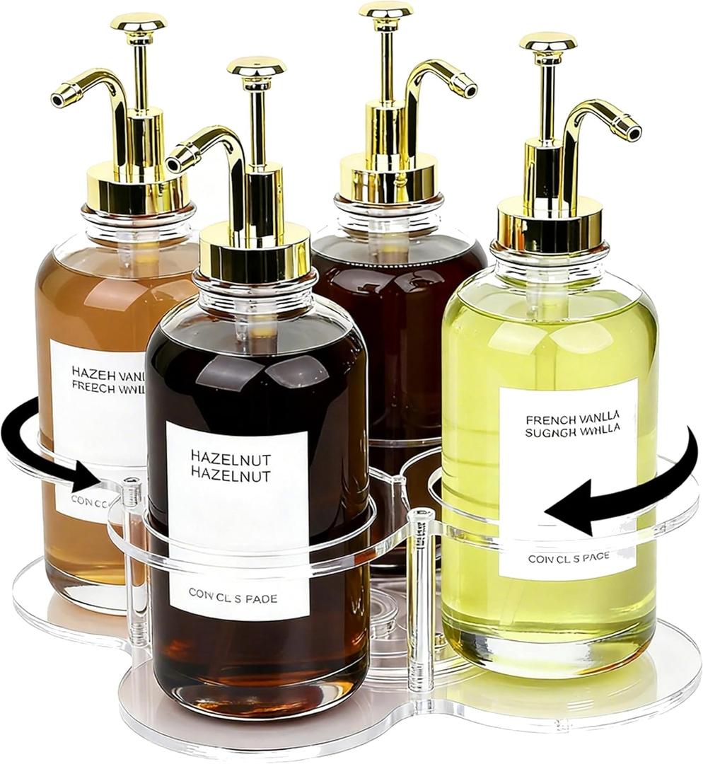 Acrylic Syrup Dispenser Organizer, 360Rotating Storage Rack for 4 Bottles,Clear Coffee Syrup Bottle Holder for Coffee Station Accessories,Home Bar,Kitchen-Fits 16.9 oz Bottles(Syrup Rack Only)