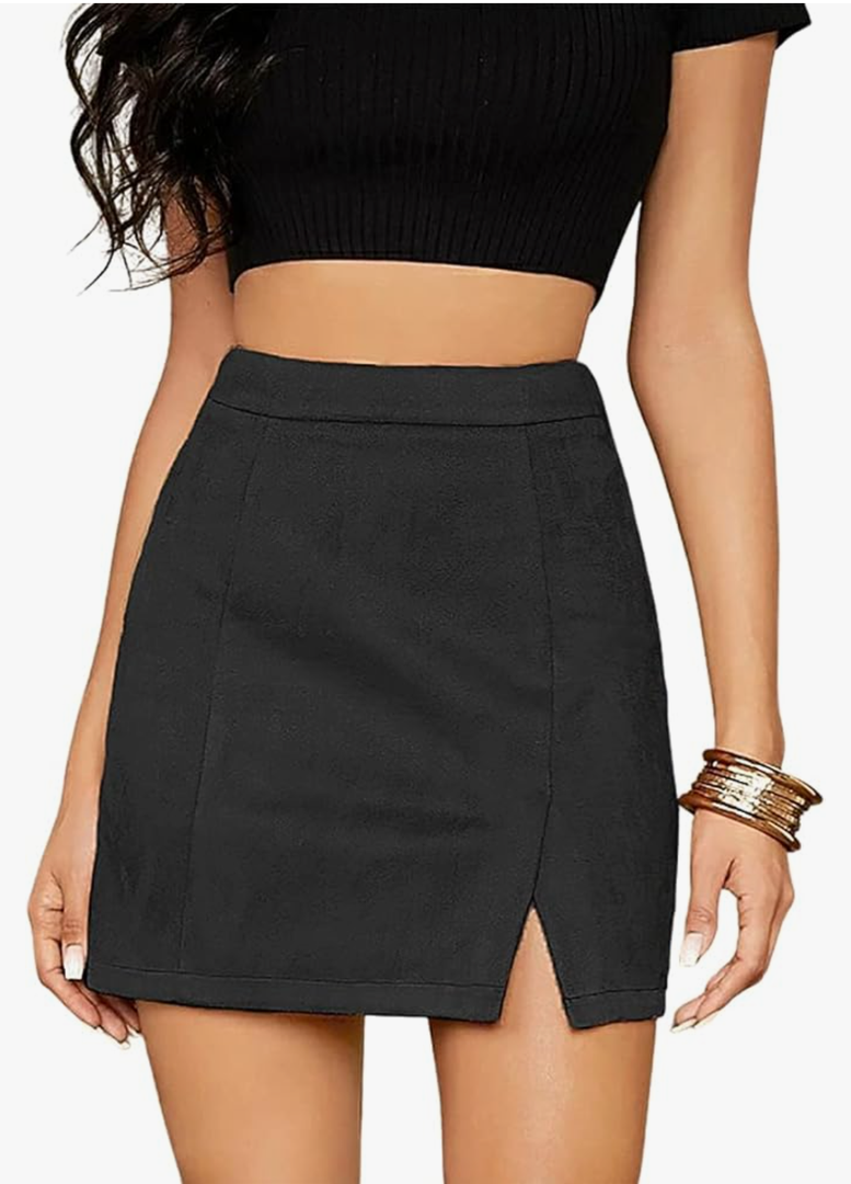 Women's High Waist Faux Suede Side Split Bodycon Short Mini Skirt S