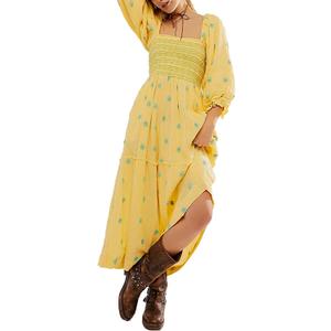 ABYOVRT Women Floral Embroidered Maxi Dress Long Puff Sleeve Square Neck Bohemian Flowy Dress with Pockets Summer Fall (Yellow)
