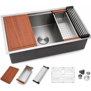 Dcolora 33 in. Undermount Workstation Kitchen Sink, 16 Gauge 304 Stainless Steel Handmade Welding Single Bowl Sink with Accessories, Round Corner 33"x19"x10" #DC-U7701