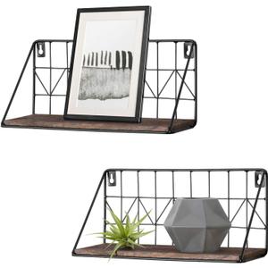 Mkono Floating Shelves Wall Mounted Set of 2 Rustic Wood Storage Display Shelf with Metal Wire Basket 11.5 Inches, Hanging Shelf for Bedroom Bathroom Living Room Kitchen Office, Brown,Small