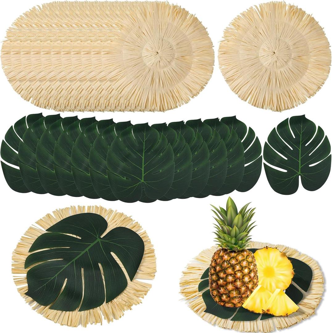 24pcs Luau Placemats and Palm Placemat, Round Luau Fringe Place Mats Tropical Palm Leaf Place Mats Bulk Summer Hawaiian Plate Chargers Table Placemats Tropical Party Supplies
