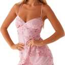 Burtell Women Sexy Sleeveless Sparkly Sequin Rhinestone Mini Dress Deep V Neck Open Back Glitter Cami Short Dress Club Party (Pink, S)