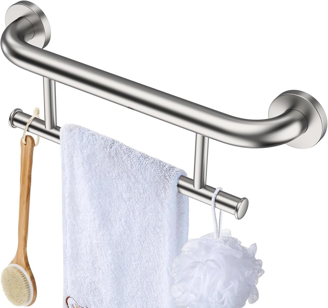 Brushed Nickel Towel Rack Grab Bar Combo, Zepolu Stainless Steel Safety Balanced Assist Support Handle 17 Inch, 2-in-1 Handicap Towel Bar, Wall Mounted Towel Holder for Senior Elderly Disabled
