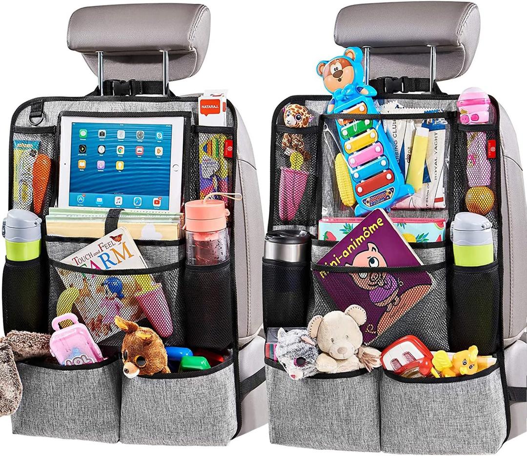 Helteko Backseat Car Organizer, Kick Mats Back Seat Protector with Touch Screen Tablet Holder, Organizer for Kids, Travel Accessories, Mat 9 Storage Pockets 2 Pack (Gray)