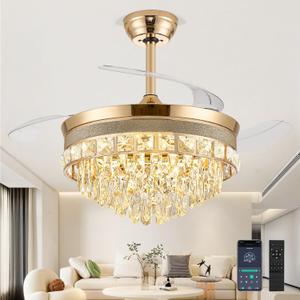 48 Inch Chandelier Ceiling Fans with Lights, Retractable Ceiling Fan with Lights, Crystal Fandelier Ceiling Fan for Bedroom Living Room, LED Dimmable, 6 Wind Speed,3 Color Temperatures-Gold