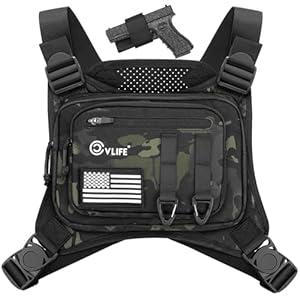 CVLIFE Chest Bag Chest Vest with Pistol Holster Chest Bag for Men Running Chest Pack Adjustable Chest Rig Bag Tactical Vest Bag for Outdoor Black Camo