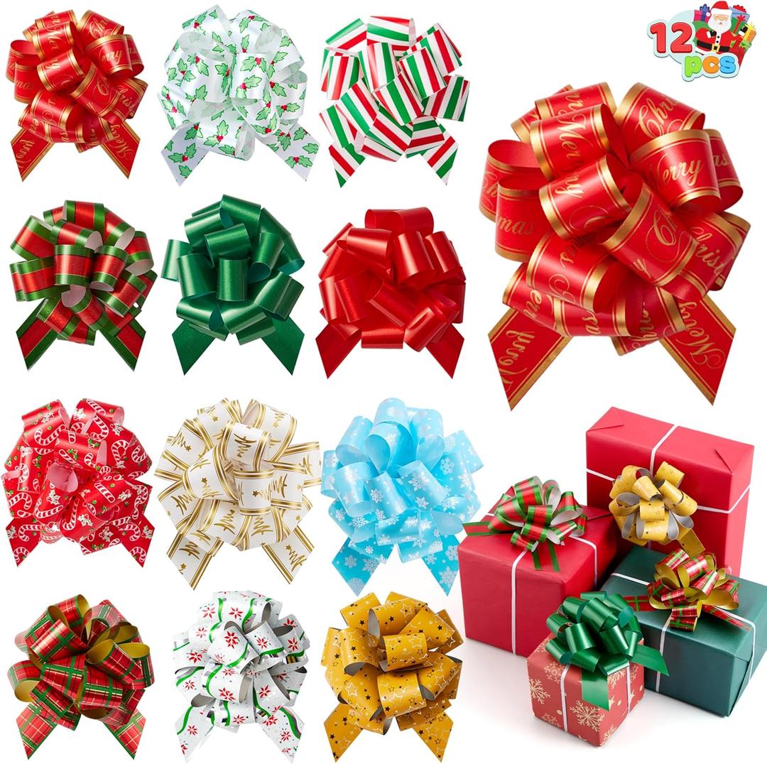 JOYIN 12 PCS Large Christmas Pull Bows with Ribbon 5 Wide for Gift Wrapping and Tags, Christmas Tree, Bottles, Boxing Day Decorations, Holiday Dcor Present Wrapping