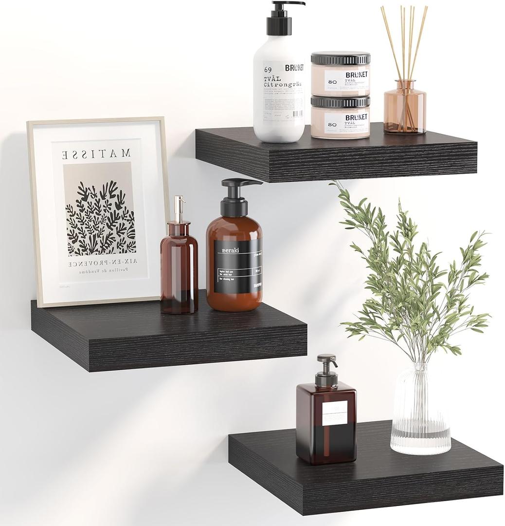 Fixwal Floating Shelves for Wall, 8 Inch Small Black Shelves Wall Mounted Shelf for Bathroom, Living Room, Bedroom, Kitchen Decor (Set of 3, 8x8)