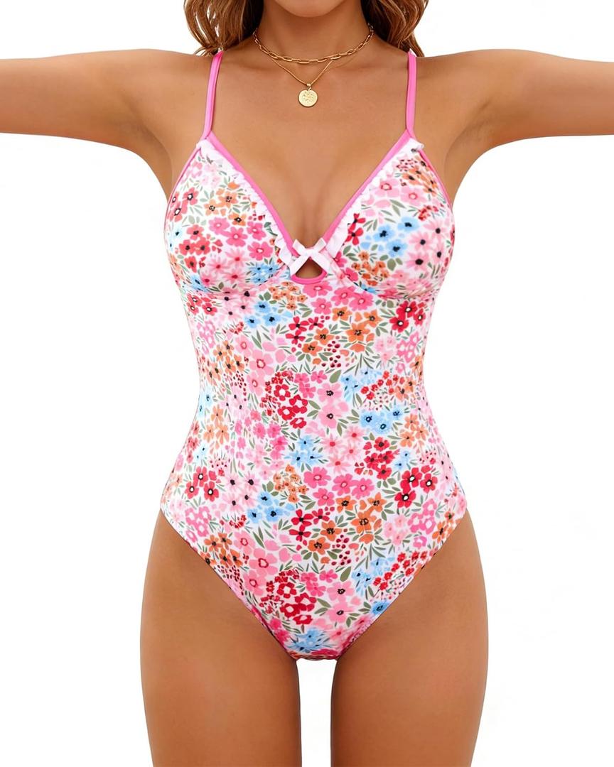 Jolefille Underwire One Piece Swimsuit for Women Tummy Control Bathing Suit Modest Push Up Swim Suits 2026 Cute Floral Teens (L)