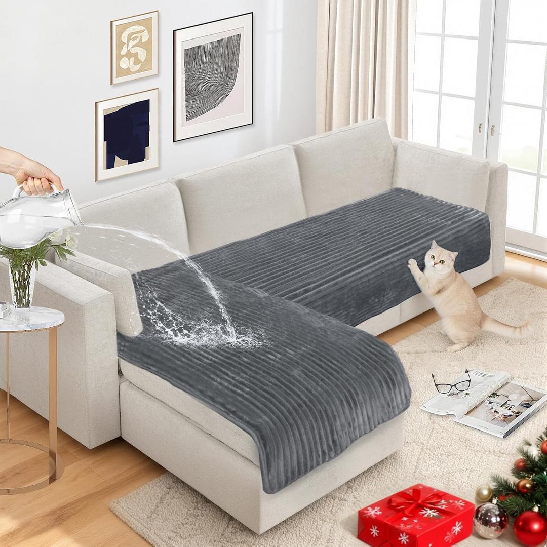 NAISI Couch Covers for Dogs Waterproof Flannel Striped Sofa Cover Pet Friendly Washable Dog Mat for Couch Anti Slip Sectional Sofa Slipcover Protector(2pcs/35"x63"+35"x70",Dark Grey)