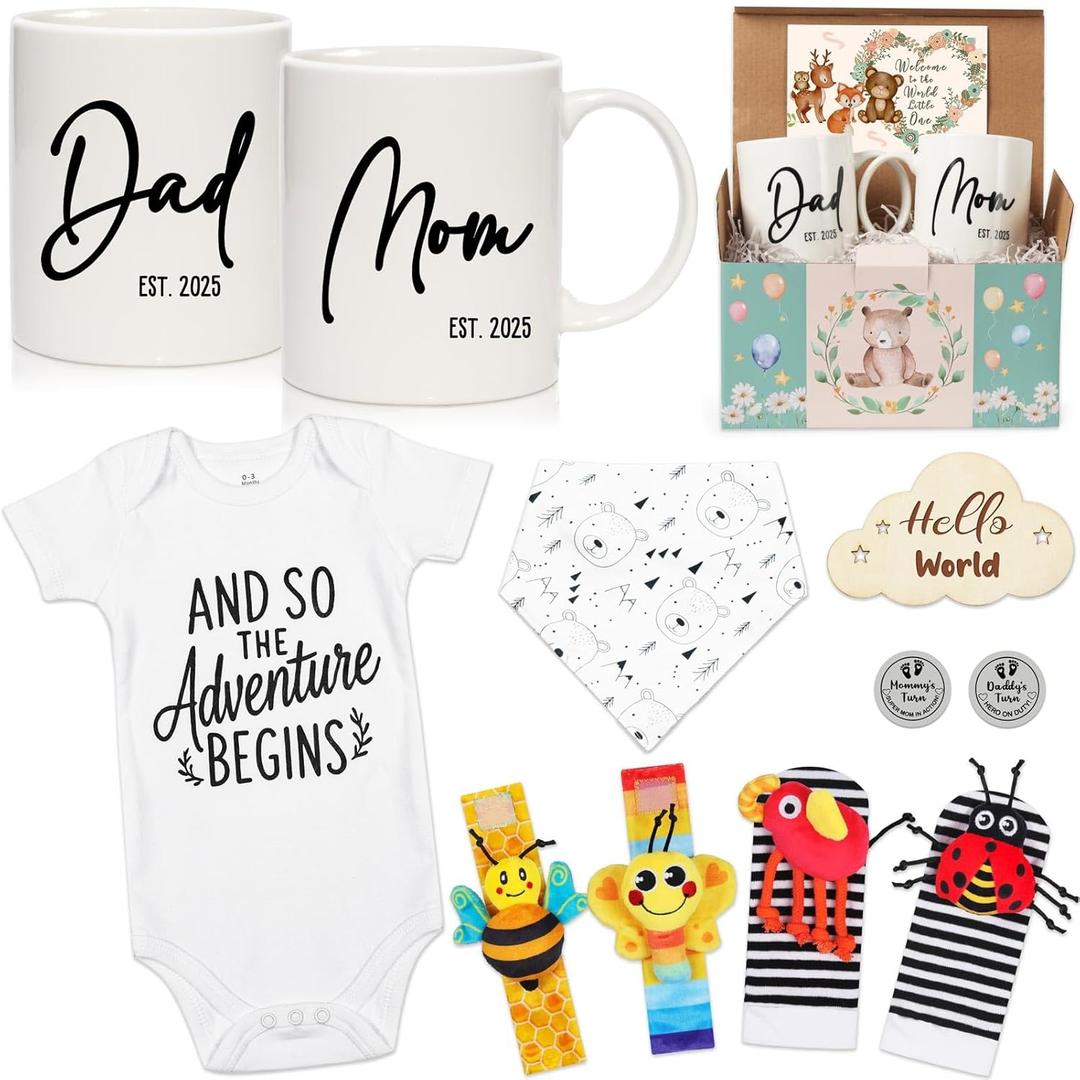 Breezy Valley New Parents Gifts for Couples, First Time New Mom and Dad Gifts Mugs Est 2025, Gender Reveal Baby Shower Gifts Basket, Pregnancy Gifts for Expecting Parents to be, Newborn Baby Gift Set (White)